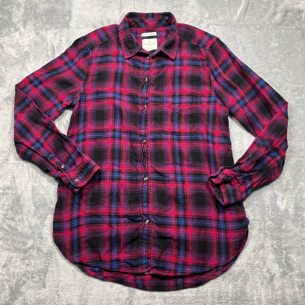 American Eagle Plaid Flannel Shirt Womens Medium Pink Purple Boyfriend‎ Fit